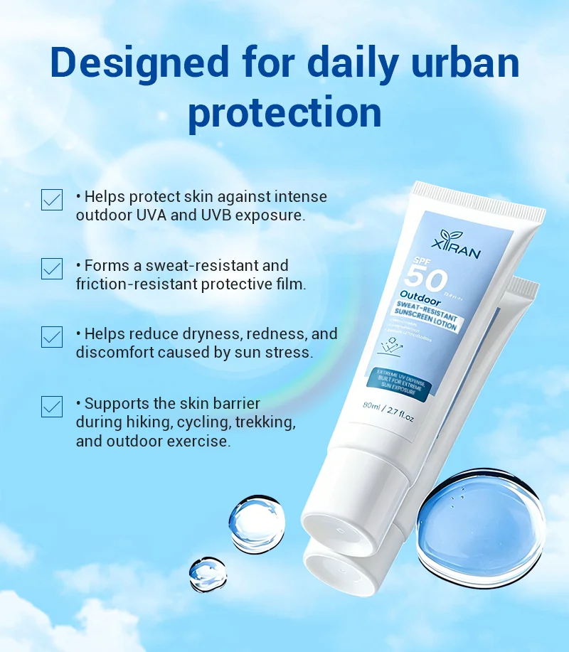 Sunscreen tube labeled SPF 50 designed for urban outdoor daily skin protection against UVA and UVB. Features sweat-resistant benefits.